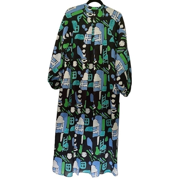 De Loreta Josefa maxi trapeze dress in Arcilla Azul print with balloon sleeves - Picture 11 of 14